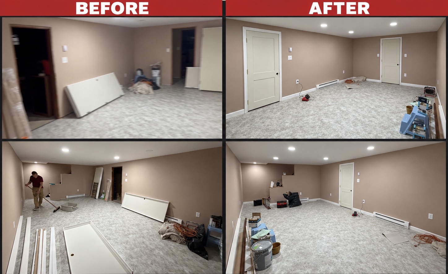 Roman Reno basement before-and-after photos showing interior doors, door frames, casing and baseboard trim.